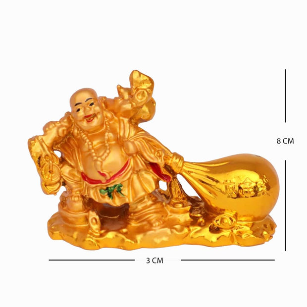 Golden Laughing Buddha Statue with Money Bag Good Luck and Success Decorative Showpiece Home, Office, Living Room Decor (Polyresin, Golden) (Gold-)