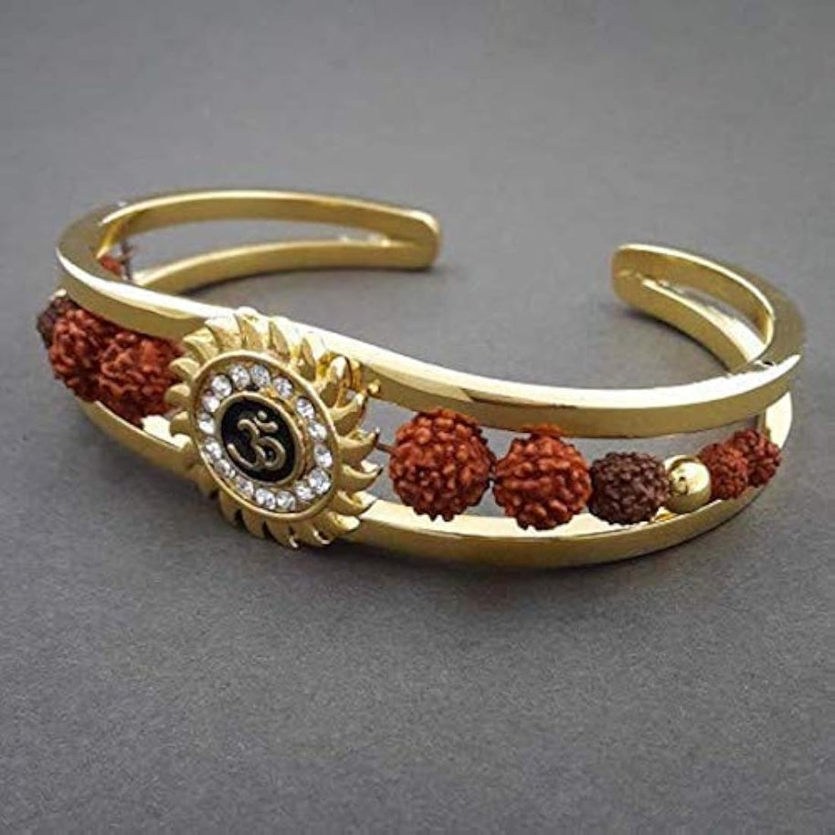 Men’s Rudraksha & American Diamond Gold-Tone Om Sun Kada Bracelet