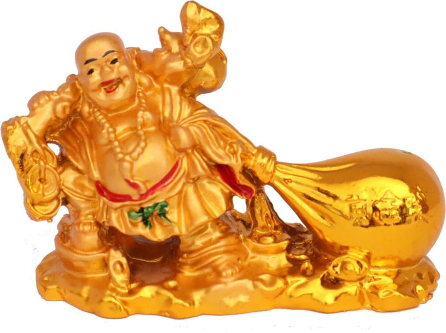 Golden Laughing Buddha Statue with Money Bag Good Luck and Success Decorative Showpiece Home, Office, Living Room Decor (Polyresin, Golden) (Gold-)
