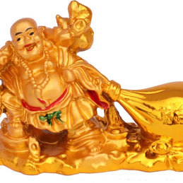 Golden Laughing Buddha Statue with Money Bag Good Luck and Success Decorative Showpiece Home, Office, Living Room Decor (Polyresin, Golden) (Gold-)