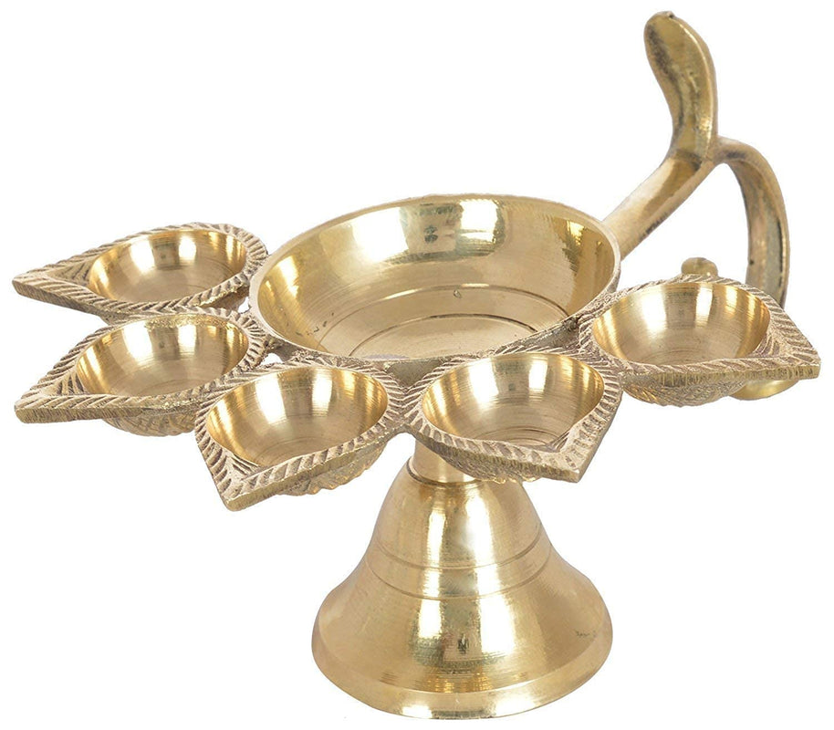 Indian Traditional Pure Brass Panch Deepak Aarti Oil Lamp for Pooja Mandir