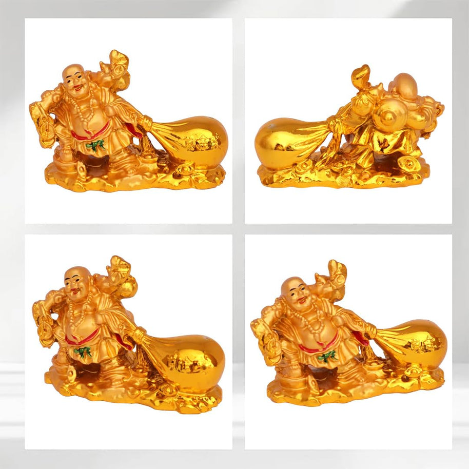 Golden Laughing Buddha Statue with Money Bag Good Luck and Success Decorative Showpiece Home, Office, Living Room Decor (Polyresin, Golden) (Gold-)