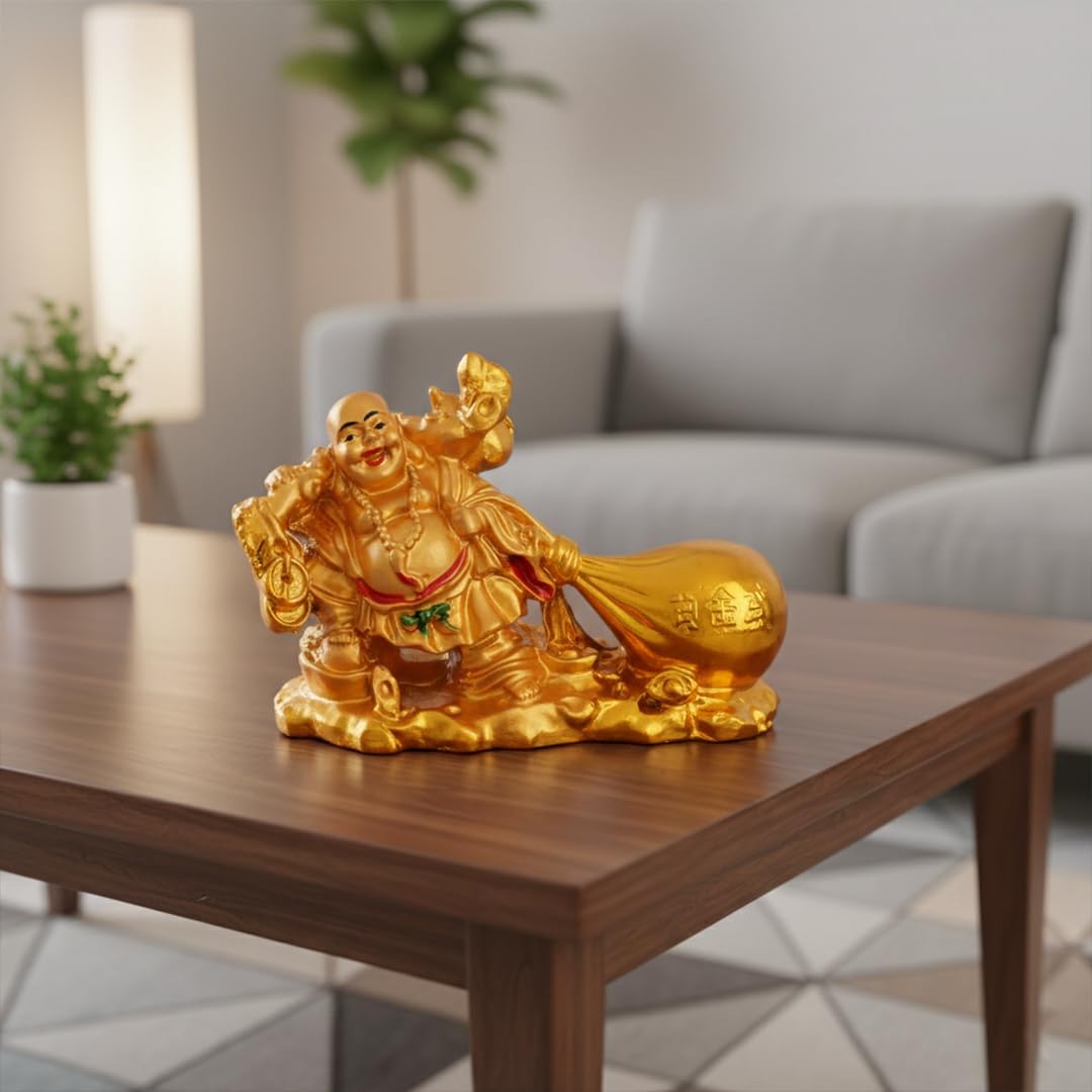 Golden Laughing Buddha Statue with Money Bag Good Luck and Success Decorative Showpiece Home, Office, Living Room Decor (Polyresin, Golden) (Gold-)