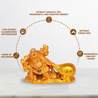 Golden Laughing Buddha Statue with Money Bag Good Luck and Success Decorative Showpiece Home, Office, Living Room Decor (Polyresin, Golden) (Gold-)