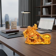 Golden Laughing Buddha Statue with Money Bag Good Luck and Success Decorative Showpiece Home, Office, Living Room Decor (Polyresin, Golden) (Gold-)