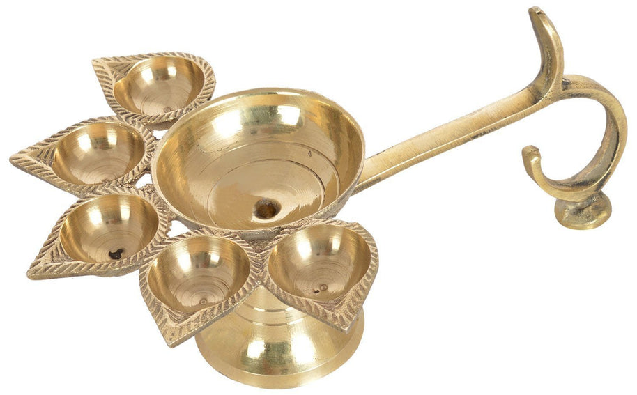 Indian Traditional Pure Brass Panch Deepak Aarti Oil Lamp for Pooja Mandir
