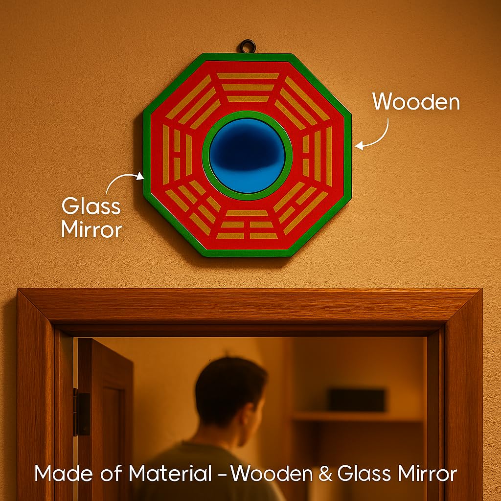 Feng Shui Chinese Convex Vastu Bagua(Pa Kua) Mirror For Positive(Chi) Energy | Wall/Door Decor For Protection,Wood, Multicolour.
