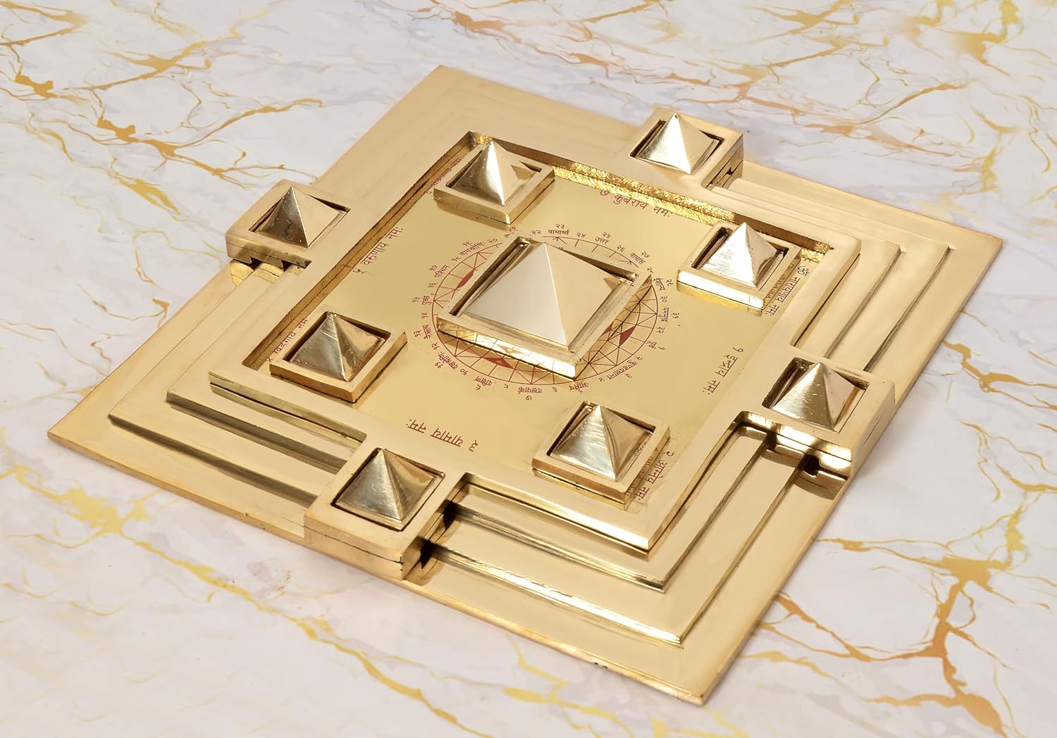 Brass Maha Vastu Purush Yantra Ashtadhatu Navgrah Pyramid Chowki with Removable Pyramids