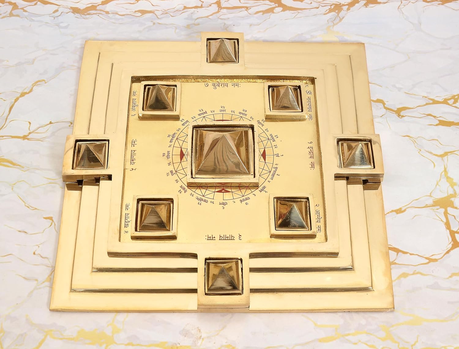 Brass Maha Vastu Purush Yantra Ashtadhatu Navgrah Pyramid Chowki with Removable Pyramids
