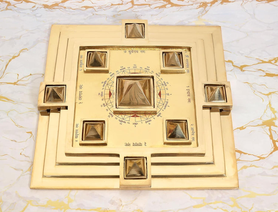 Brass Maha Vastu Purush Yantra Ashtadhatu Navgrah Pyramid Chowki with Removable Pyramids