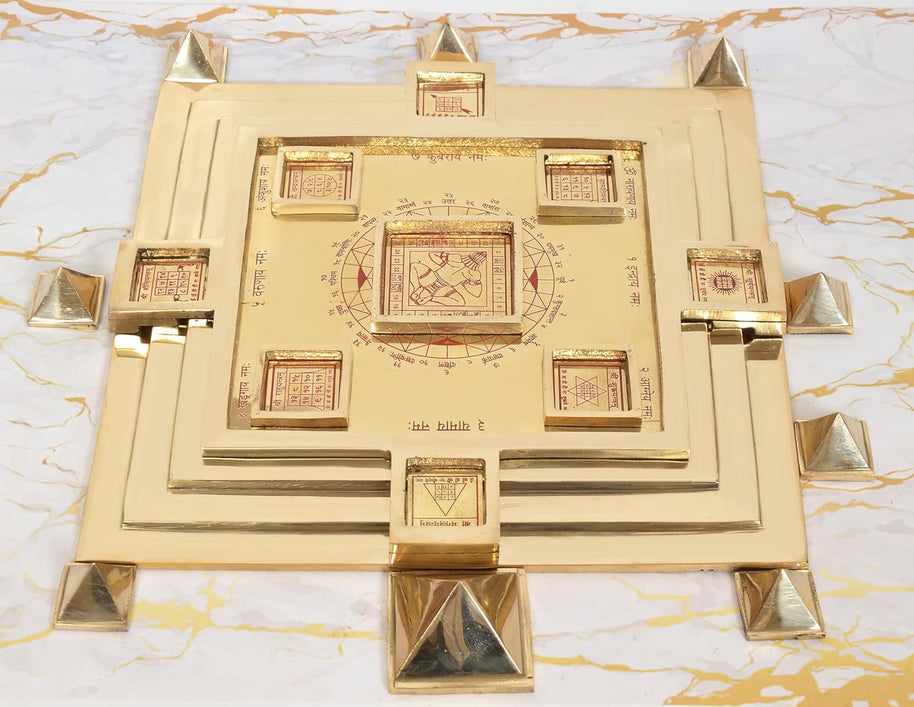 Brass Maha Vastu Purush Yantra Ashtadhatu Navgrah Pyramid Chowki with Removable Pyramids