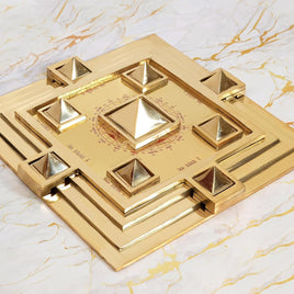 Brass Maha Vastu Purush Yantra Ashtadhatu Navgrah Pyramid Chowki with Removable Pyramids