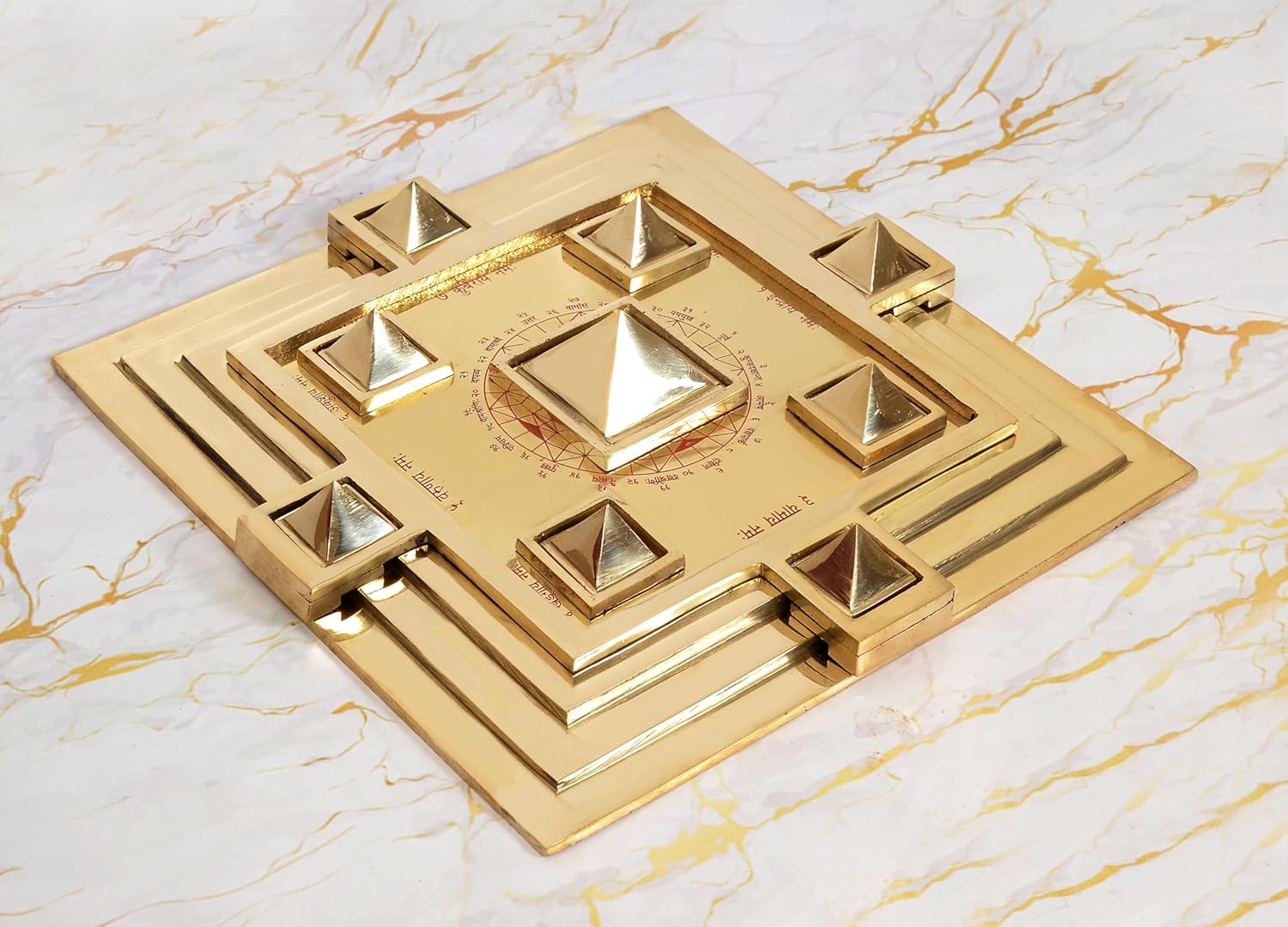 Brass Maha Vastu Purush Yantra Ashtadhatu Navgrah Pyramid Chowki with Removable Pyramids