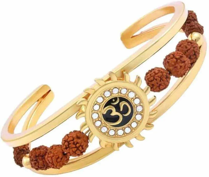 Men’s Rudraksha & American Diamond Gold-Tone Om Sun Kada Bracelet