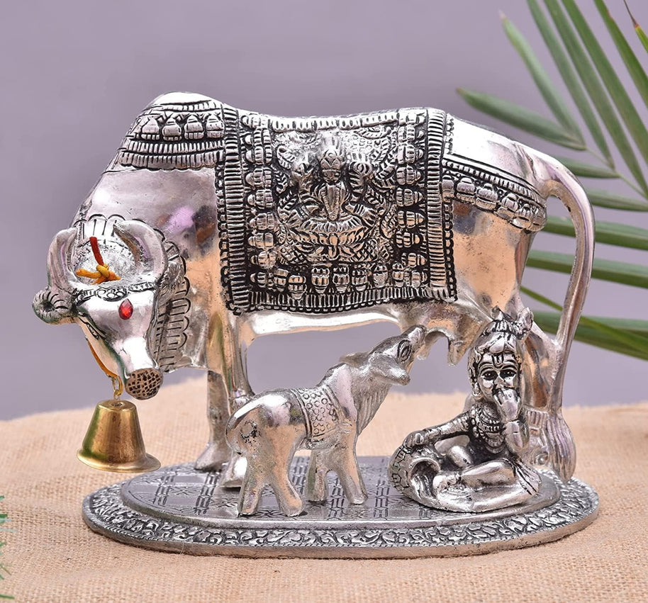 Kamdhenu Cow with Calf and Krishna Figurine Decorative Showpiece for Home Decor and Gift