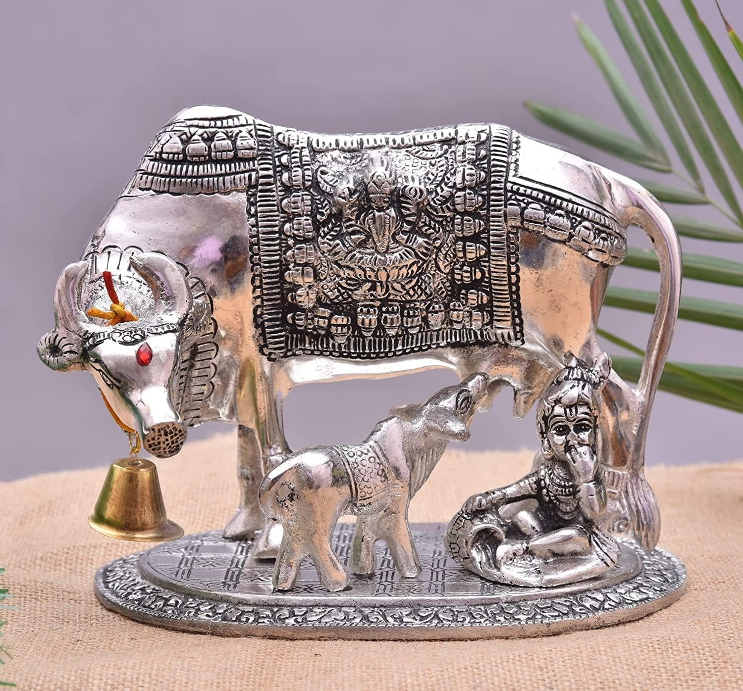 Kamdhenu Cow with Calf and Krishna Figurine Decorative Showpiece for Home Decor and Gift