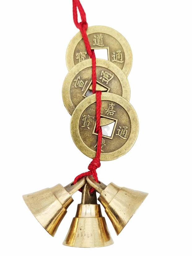 Fengshui Vastu Lucky Brass Hanging 3 bell & 3 Coins Main Entrance Door Hanging Decorative for Home & Office for Wealth & Prosperity (Small)