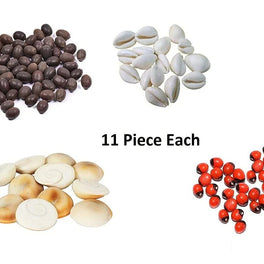 Red Gunja Chirmi Beads, Kamal Gatte and White Kauri/Kaudi and Gomti Chakra, Small - Set of 11 Pieces