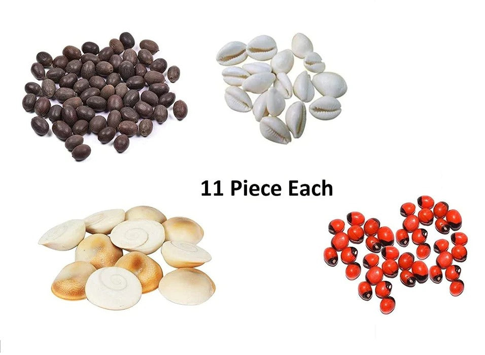 Red Gunja Chirmi Beads, Kamal Gatte and White Kauri/Kaudi and Gomti Chakra, Small - Set of 11 Pieces