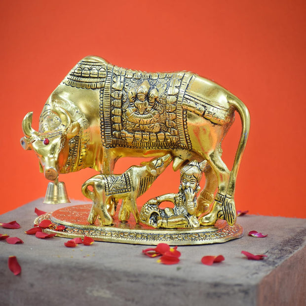 Kamdhenu Cow with Calf and Krishna Figurine Decorative Showpiece for Home Decor and Gift