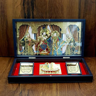 Gold Plated Radha Krishna With Paduka in Brown Pooja Box