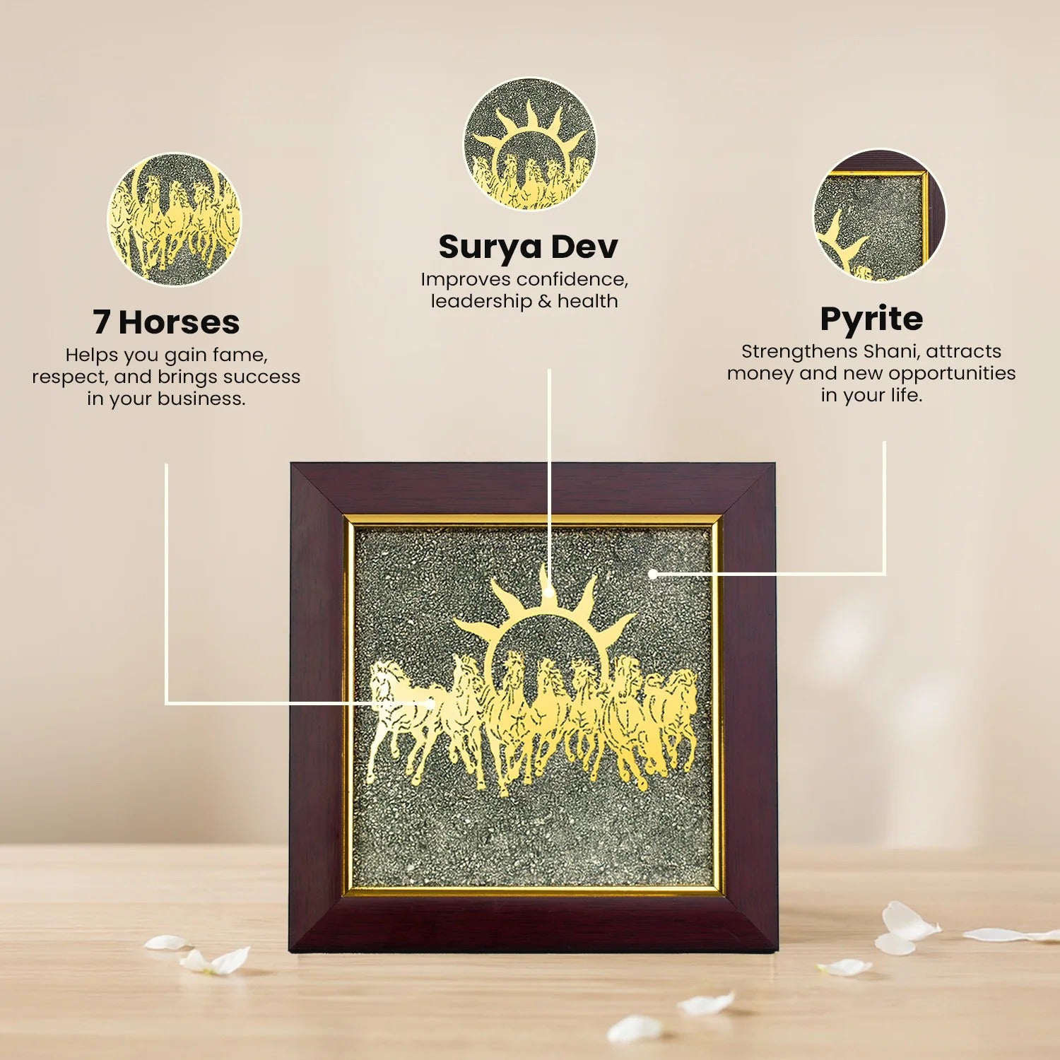 7 horse frame with raw pyrite
