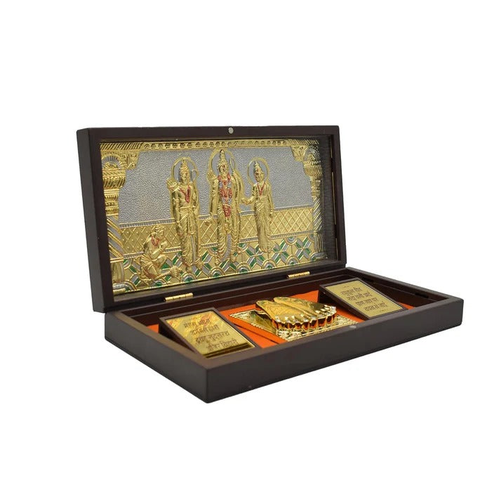 Gold Plated Ram Darbar with Charan Paduka In Brown Pooja Box