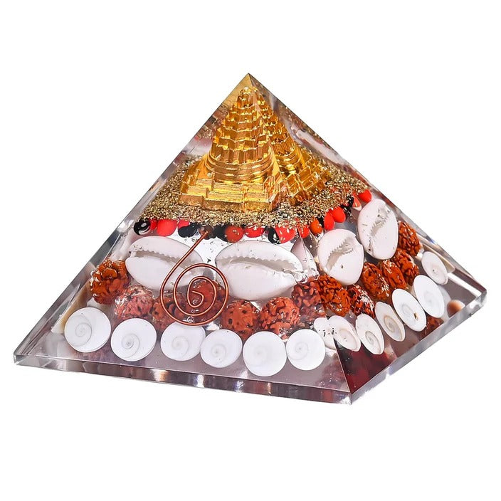 Original Crystal Laxmi Pyramid with Rudraksha Shree Yantra Original Gomati Chakra White Kauri and Ratti Seeds for Vastu