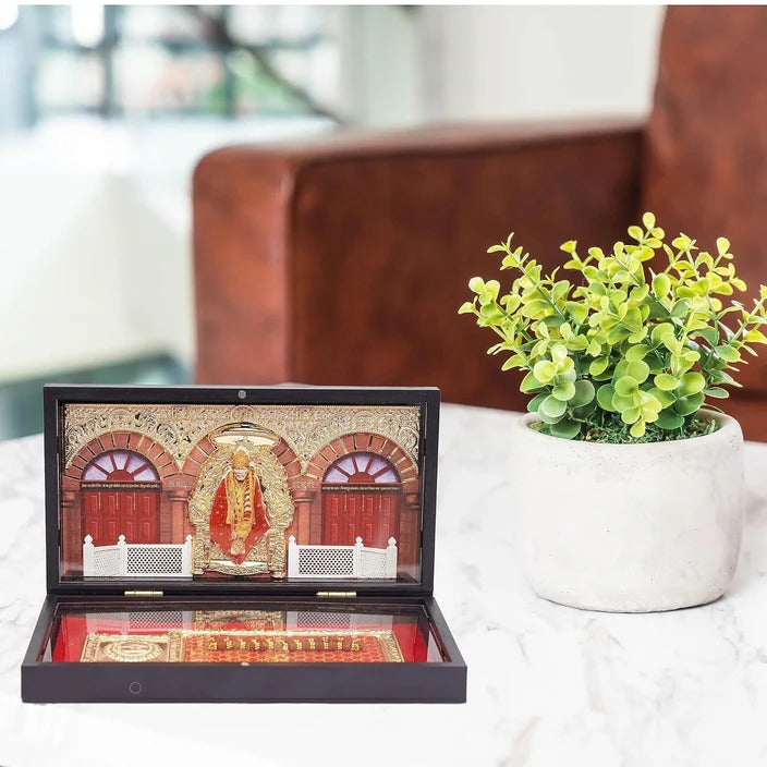 Gold Plated Sai Baba Photo Frame with Charan Paduka and Samadhi For Pooja and Gift