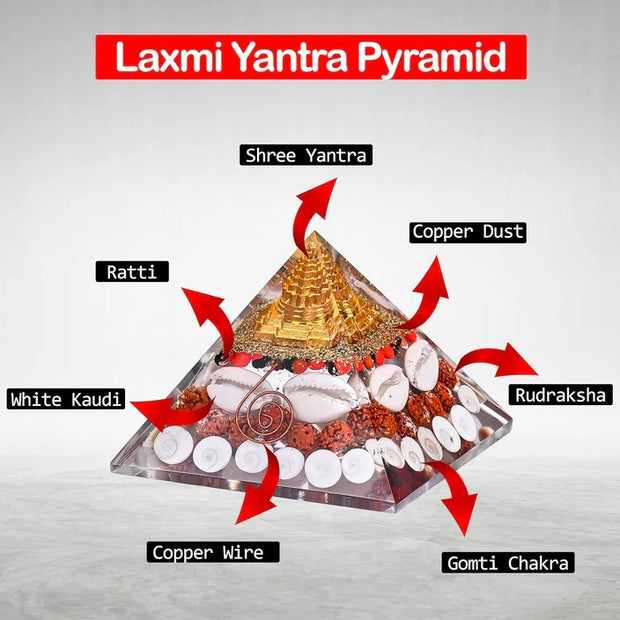 Original Crystal Laxmi Pyramid with Rudraksha Shree Yantra Original Gomati Chakra White Kauri and Ratti Seeds for Vastu