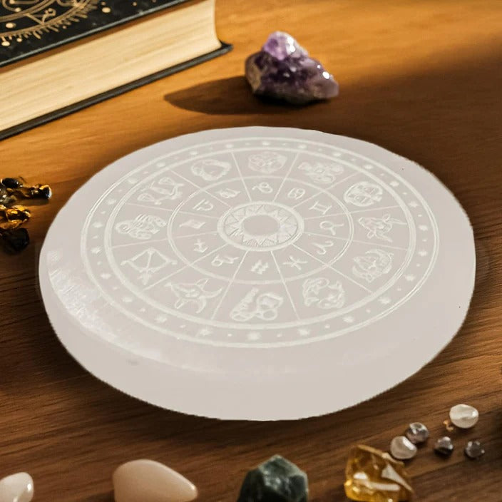 Zodiac Sign Selenite Charging Plate | Purify & Amplify Energy | Crystal Cleansing & Recharging