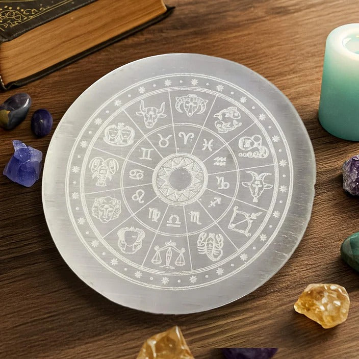 Zodiac Sign Selenite Charging Plate | Purify & Amplify Energy | Crystal Cleansing & Recharging