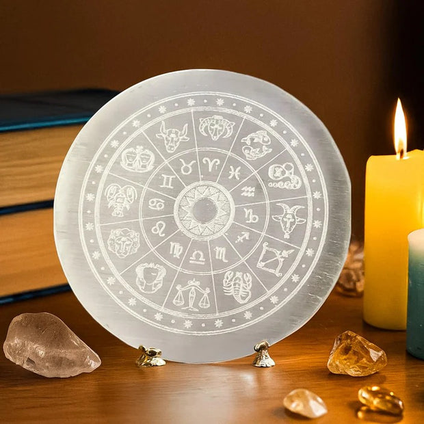Zodiac Sign Selenite Charging Plate | Purify & Amplify Energy | Crystal Cleansing & Recharging