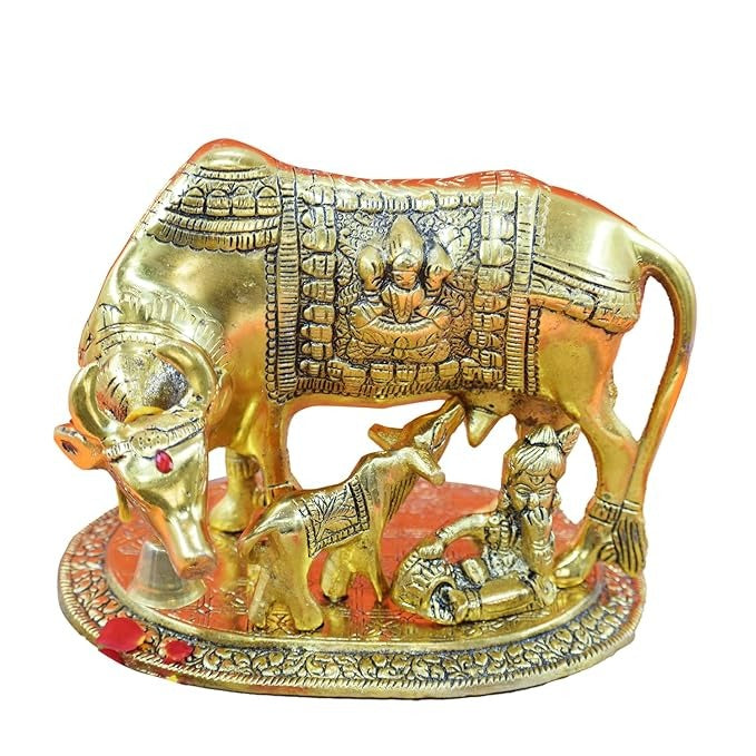 Kamdhenu Cow with Calf and Krishna Figurine Decorative Showpiece for Home Decor and Gift