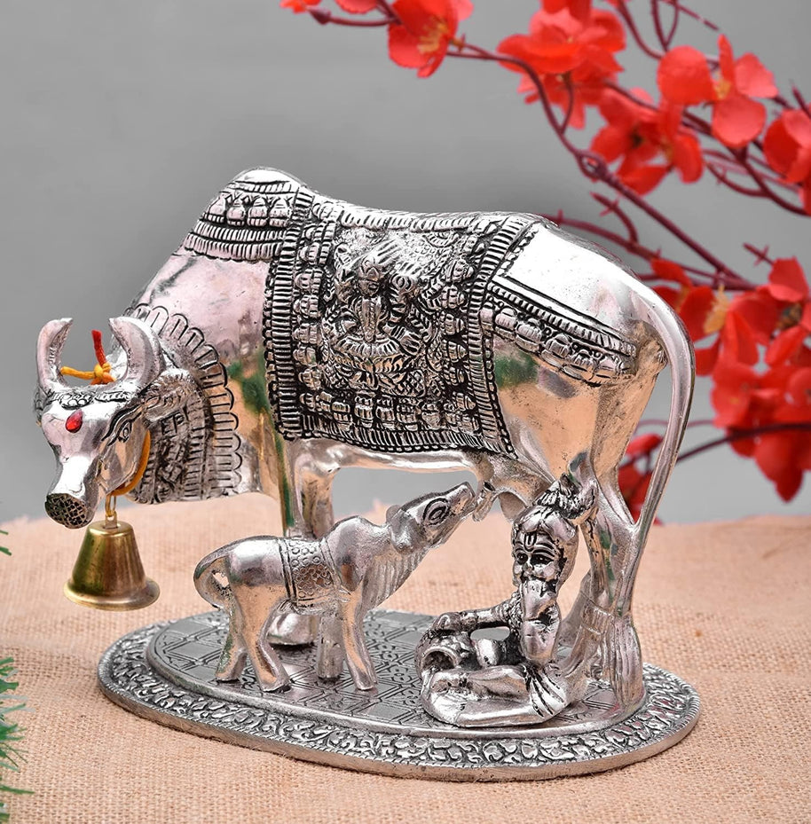 Kamdhenu Cow with Calf and Krishna Figurine Decorative Showpiece for Home Decor and Gift