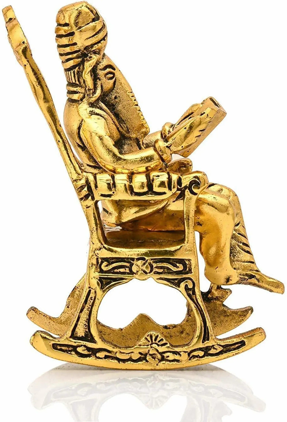 Brass 3D Moving Lord Ganesha Statue Sitting on A Chair and Reading Ramayan