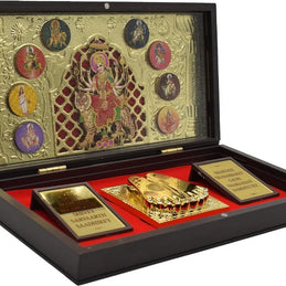 Gold Plated Maa MATA Durga Photo Frame with Charan Paduka for Pooja Room, Return Pooja Gift Box Set