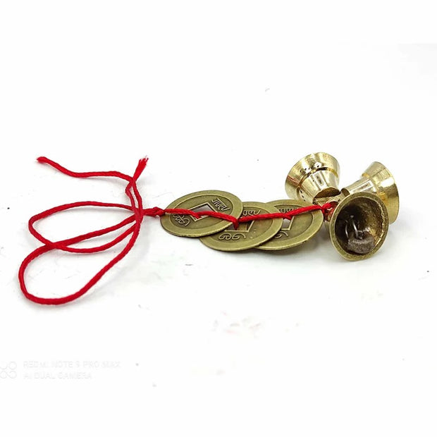 Fengshui Vastu Lucky Brass Hanging 3 bell & 3 Coins Main Entrance Door Hanging Decorative for Home & Office for Wealth & Prosperity (Small)