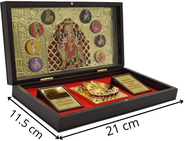 Gold Plated Maa MATA Durga Photo Frame with Charan Paduka for Pooja Room, Return Pooja Gift Box Set