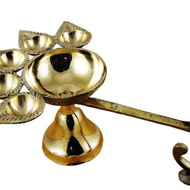 Indian Traditional Pure Brass Panch Deepak Aarti Oil Lamp for Pooja Mandir