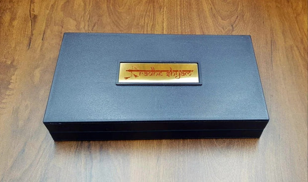 Gold Plated Radha Krishna With Paduka in Brown Pooja Box