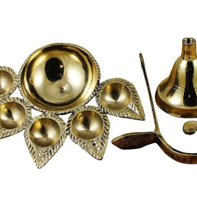 Indian Traditional Pure Brass Panch Deepak Aarti Oil Lamp for Pooja Mandir
