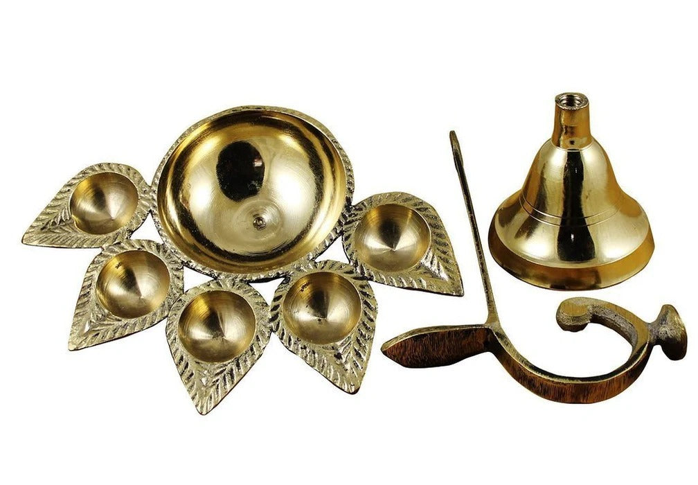 Indian Traditional Pure Brass Panch Deepak Aarti Oil Lamp for Pooja Mandir