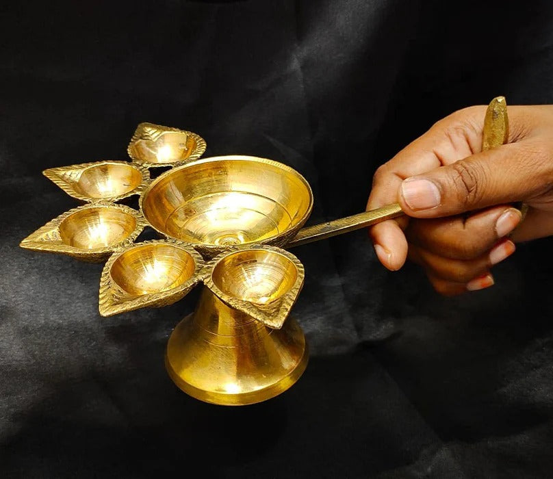 Indian Traditional Pure Brass Panch Deepak Aarti Oil Lamp for Pooja Mandir