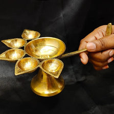 Indian Traditional Pure Brass Panch Deepak Aarti Oil Lamp for Pooja Mandir