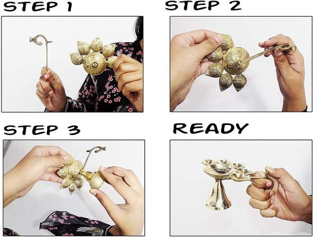 Indian Traditional Pure Brass Panch Deepak Aarti Oil Lamp for Pooja Mandir