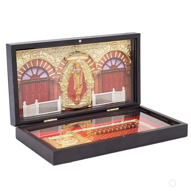 Gold Plated Sai Baba Photo Frame with Charan Paduka and Samadhi For Pooja and Gift